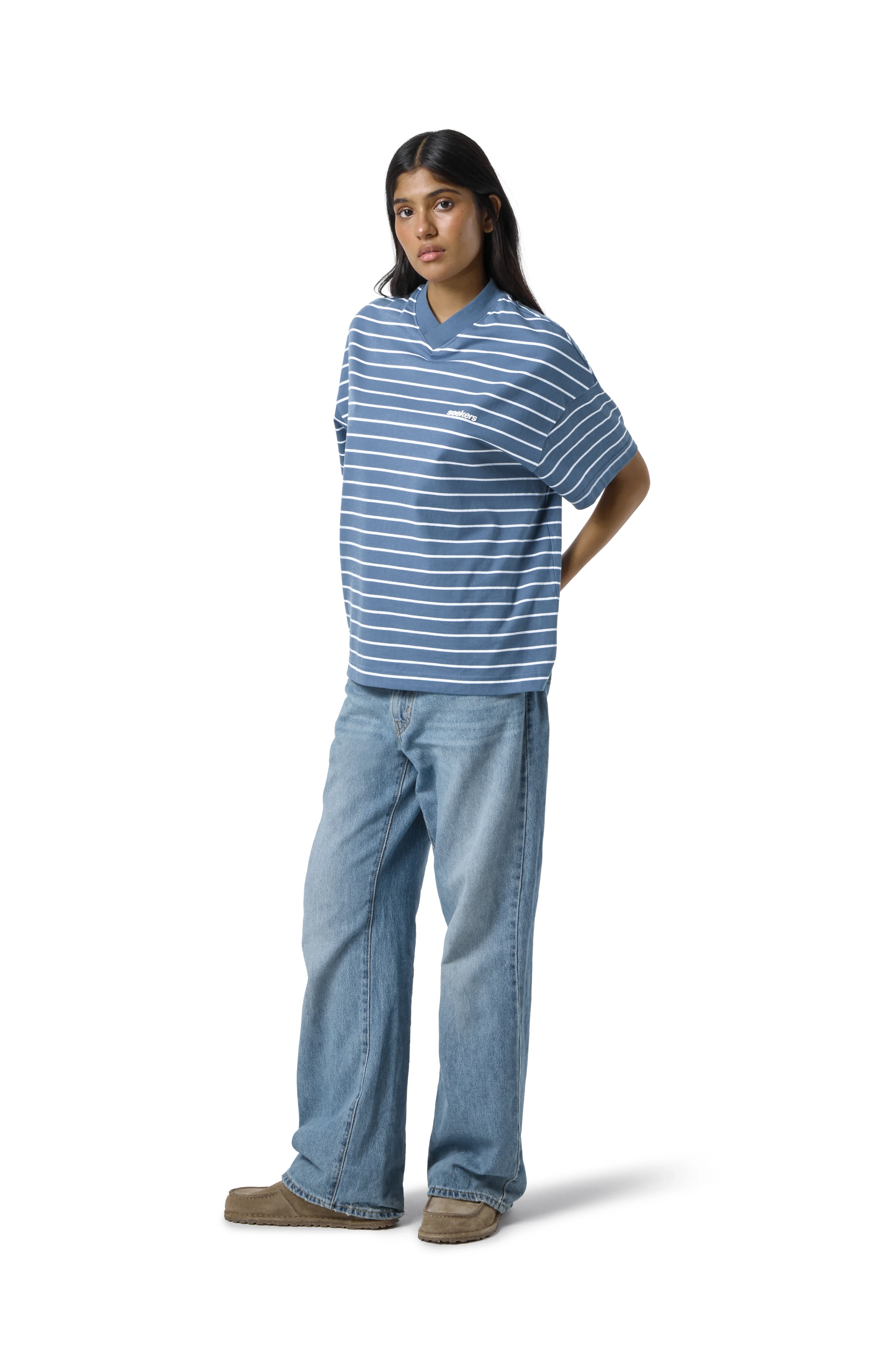 Devon Striped Oversized Tee in Blue Wash - Image 3