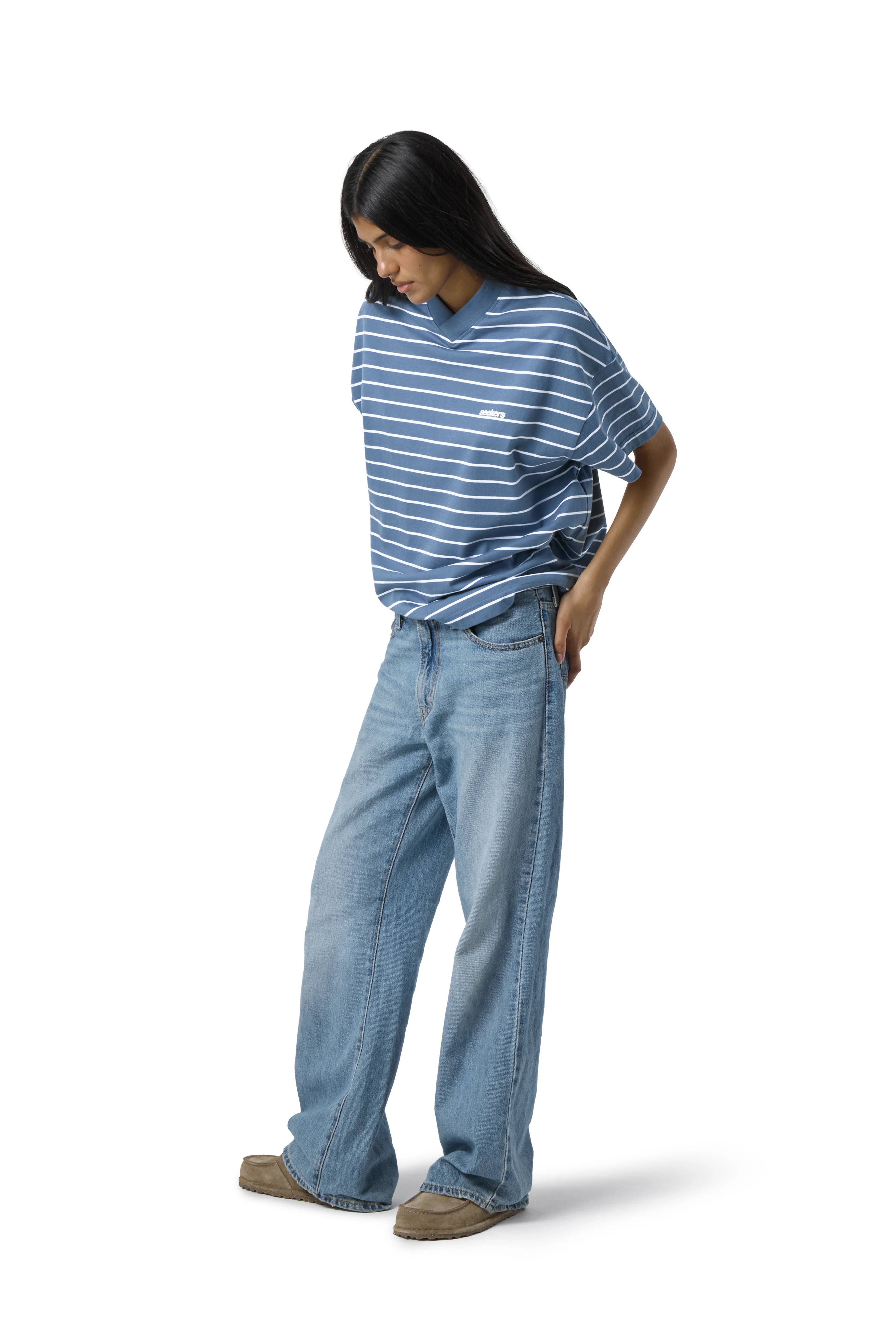 Devon Striped Oversized Tee in Blue Wash - Image 4